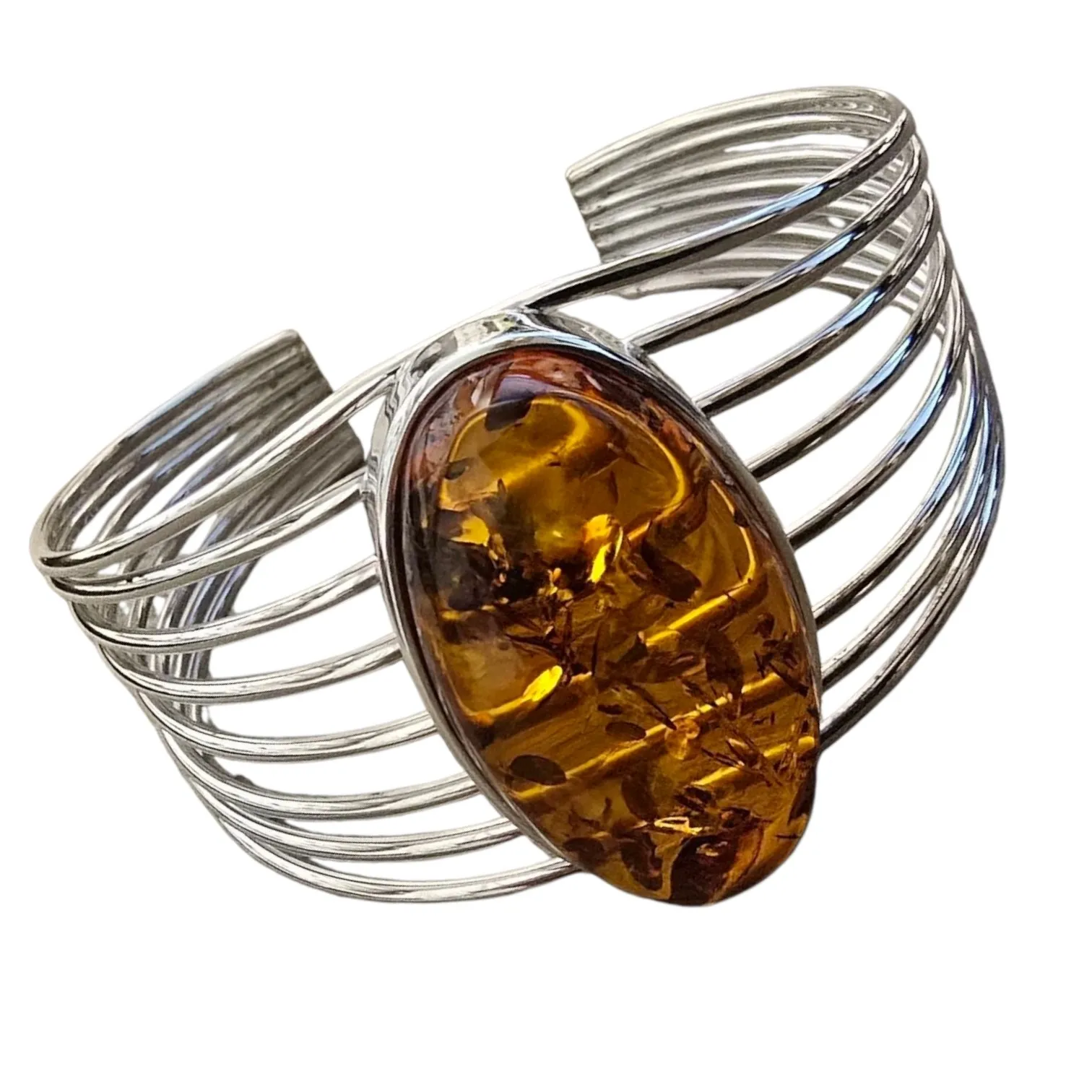 Bransoletka srebrna z dużym koniakowym bursztynem bangle