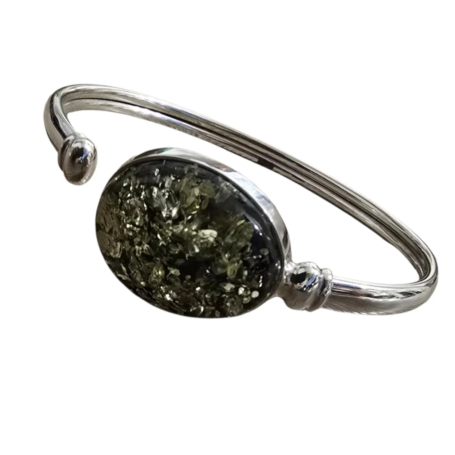 Bransoletka srebrna bangle z zielonym bursztynem