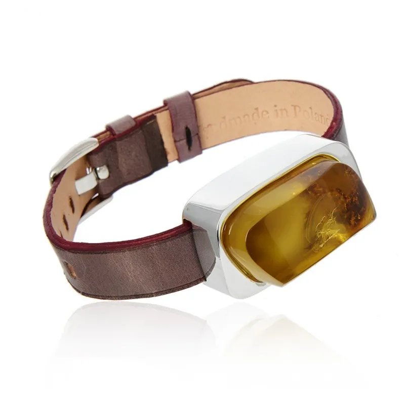 Bransoletka srebrna na skórzanym pasku „amber time”