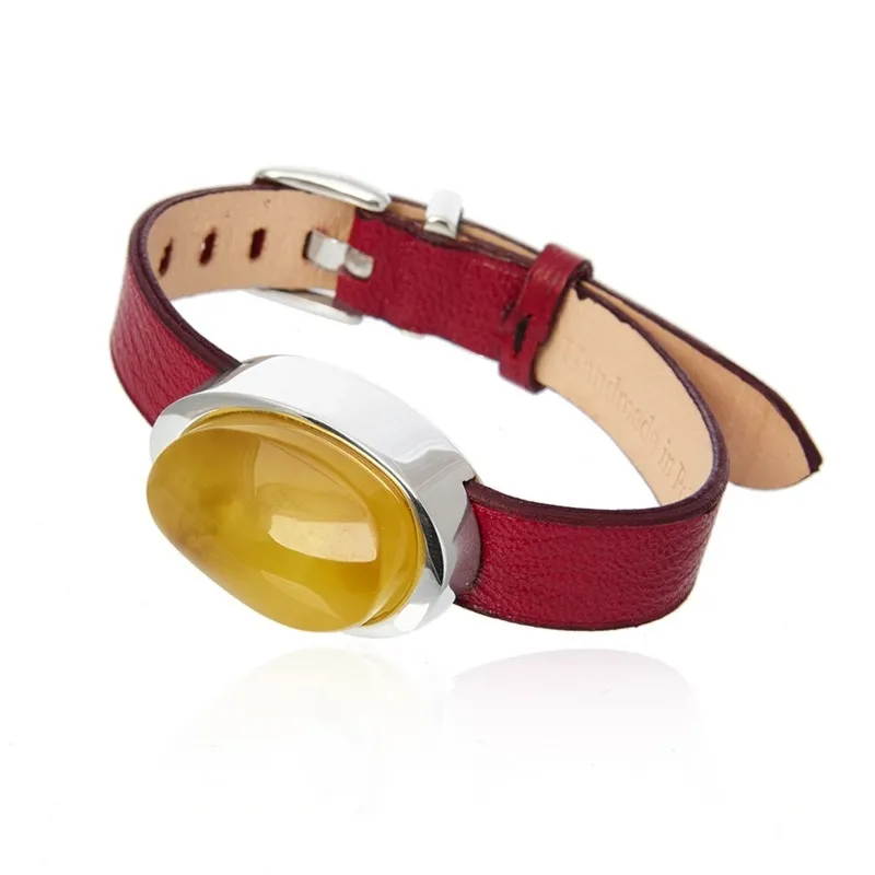 Bransoletka srebrna z żółtym bursztynem pasek w kolorze fuksji