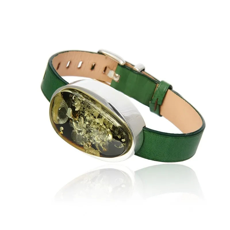 Bransoletka srebrna z zielonym bursztynem pasek w kolorze zielonym