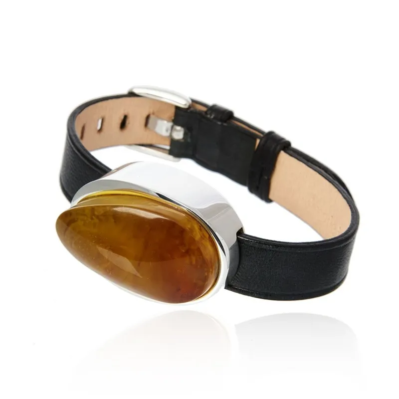 Piękna bransoletka srebrna z bursztynem na skórzanym granatowym pasku