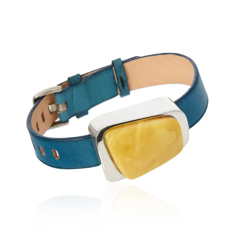 Bransoletka srebrna z żółtym bursztynem na niebieskim pasku