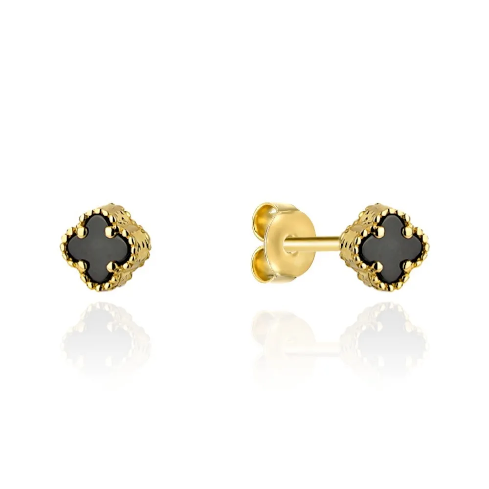 Kolczyki złote pr. 585 z czarną koniczynką  4 mm