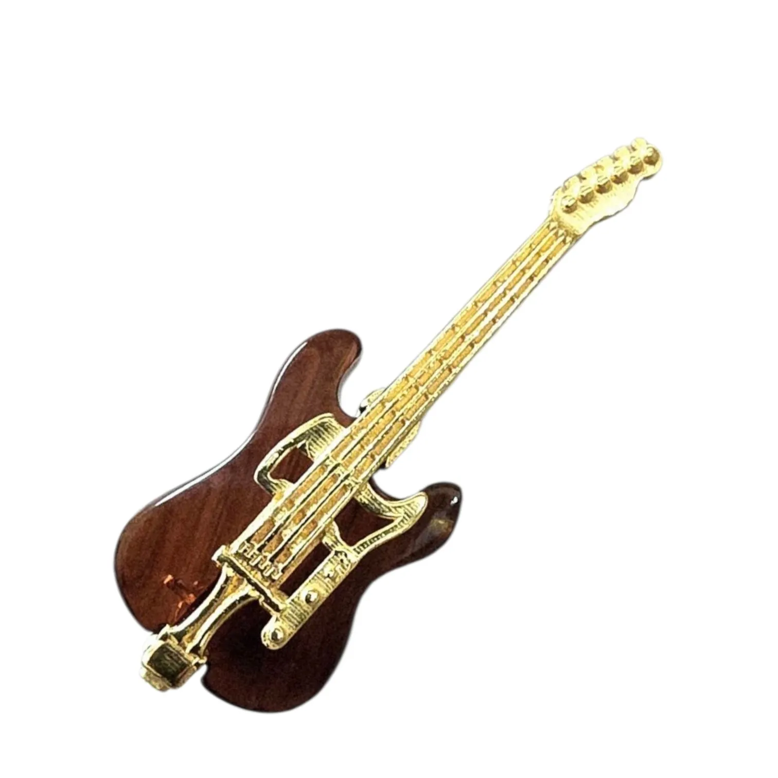 Broszka srebrna pozłacana gitara elektryczna z wiśniowym bursztynem