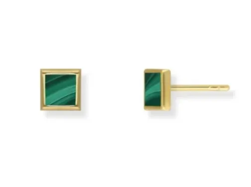 Kolczyki srebrne pozłacane z zielonym malachitem kwadraty