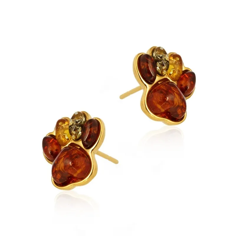 Kolczyki srebrne pozłacane z kolorowym bursztynem łapki