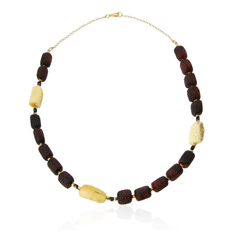 Przepiękny naszyjnik srebrny pozłacany z bursztynem wiśnia i biały - karbowany