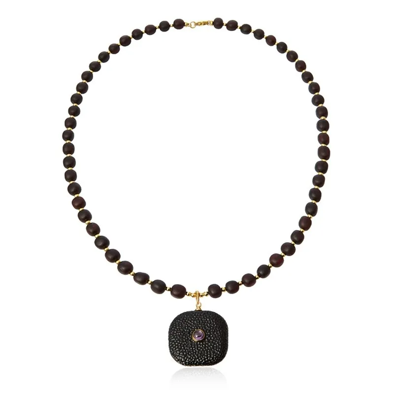 Naszyjnik “ciemna wiśnia z gdańska” – srebro pozłacane z bursztynem i ametystem