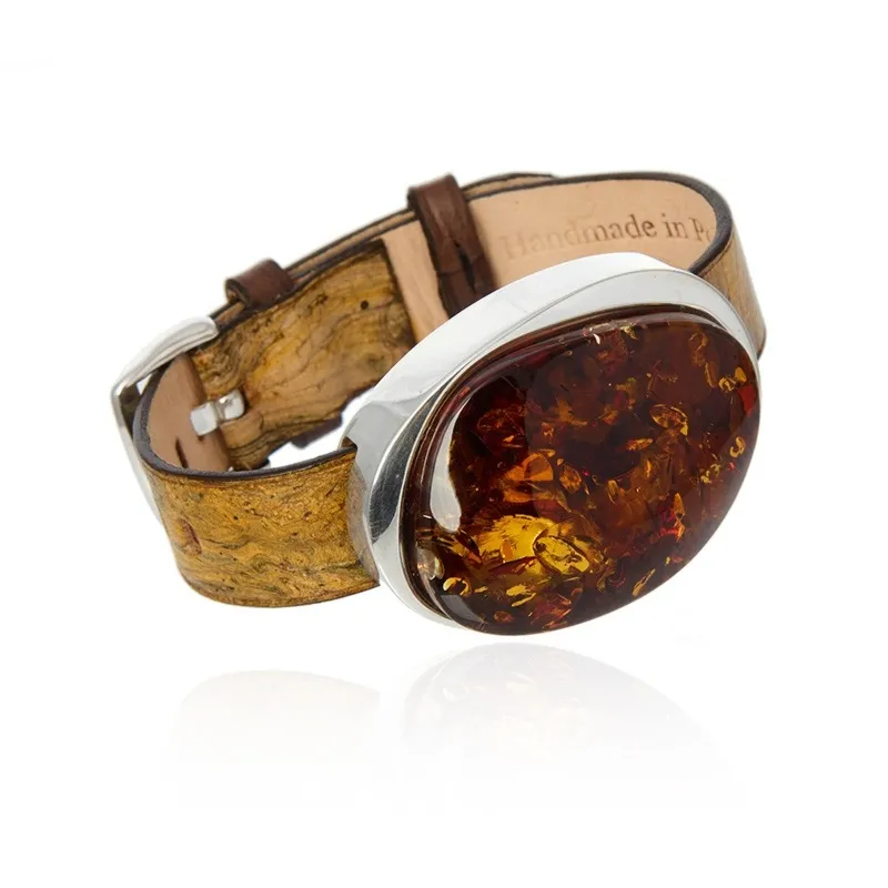 Cudna bransoletka z koniakowego  bursztynu i srebra na skórzanym beżowym cieniowanym pasku