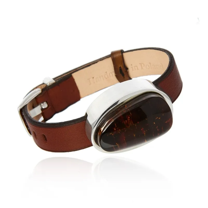 Bransoletka srebrna  na brązowym pasku z wiśniowym bursztynem z oceaniczną głębią