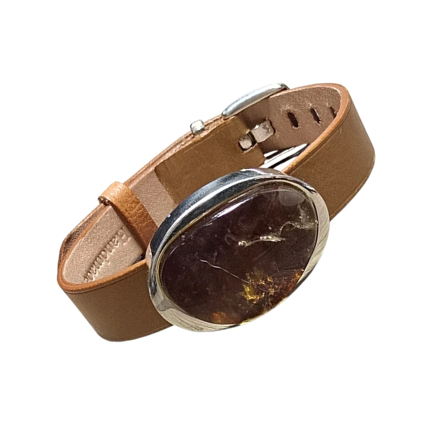 Bransoletka srebrna na beżowym  pasku z koniakowym  bursztynem z oceaniczną głębią