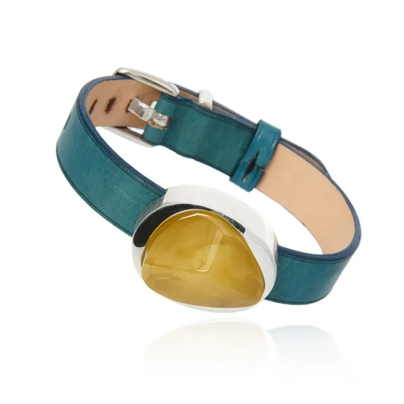 Bransoletka srebrna z żółto - cytrynowym bursztynem na niebieskim pasku