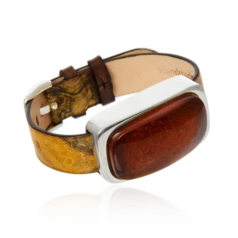 Unikatowa bransoleta srebrna z duzym bursztynem w kolorze koniak z morską głębia