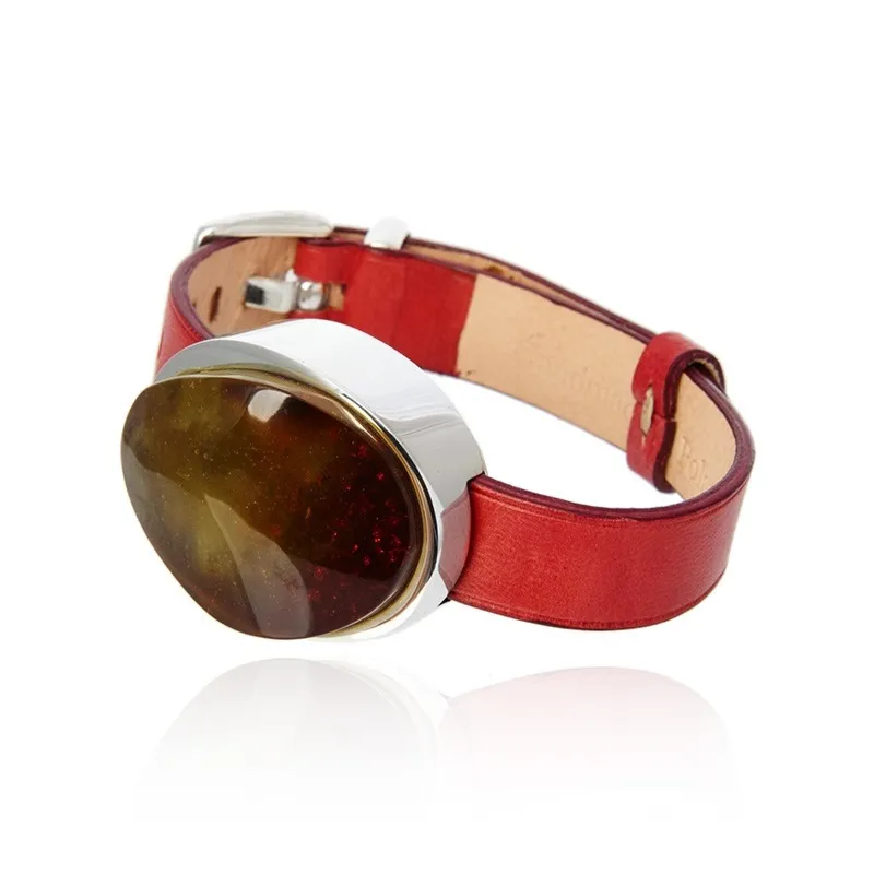 Piękna bransoletka zegarkowa z bursztynem wiśnia z mgłą w srebrze