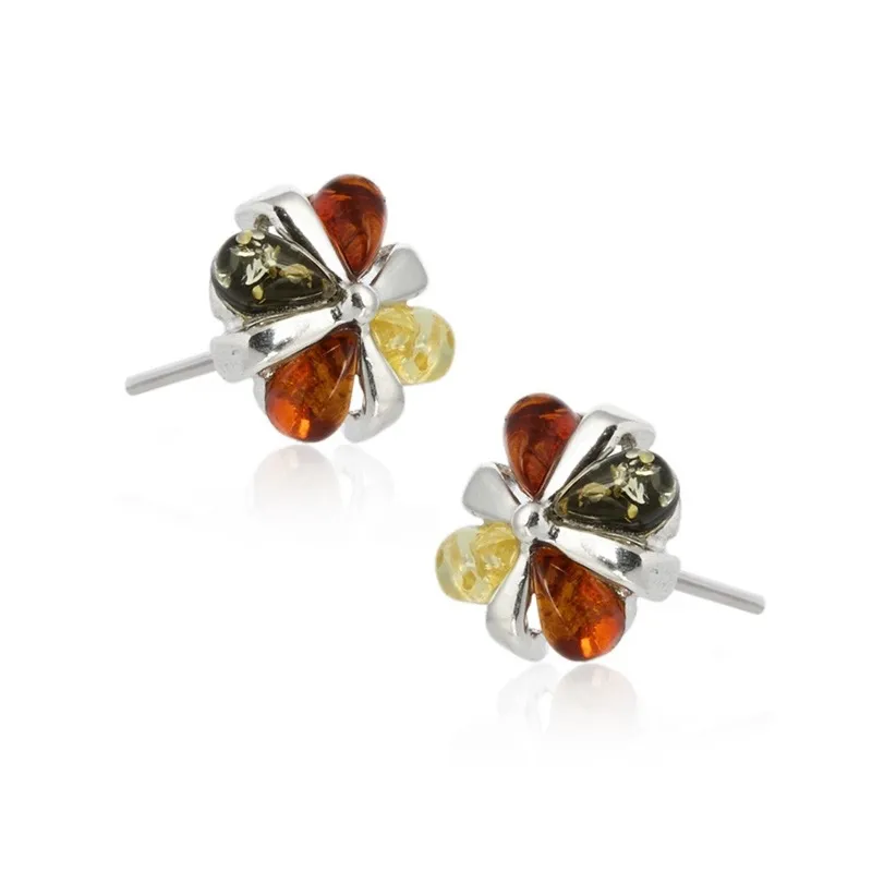 Kolczyki srebrne z  kolorowym bursztynem  kwiatki