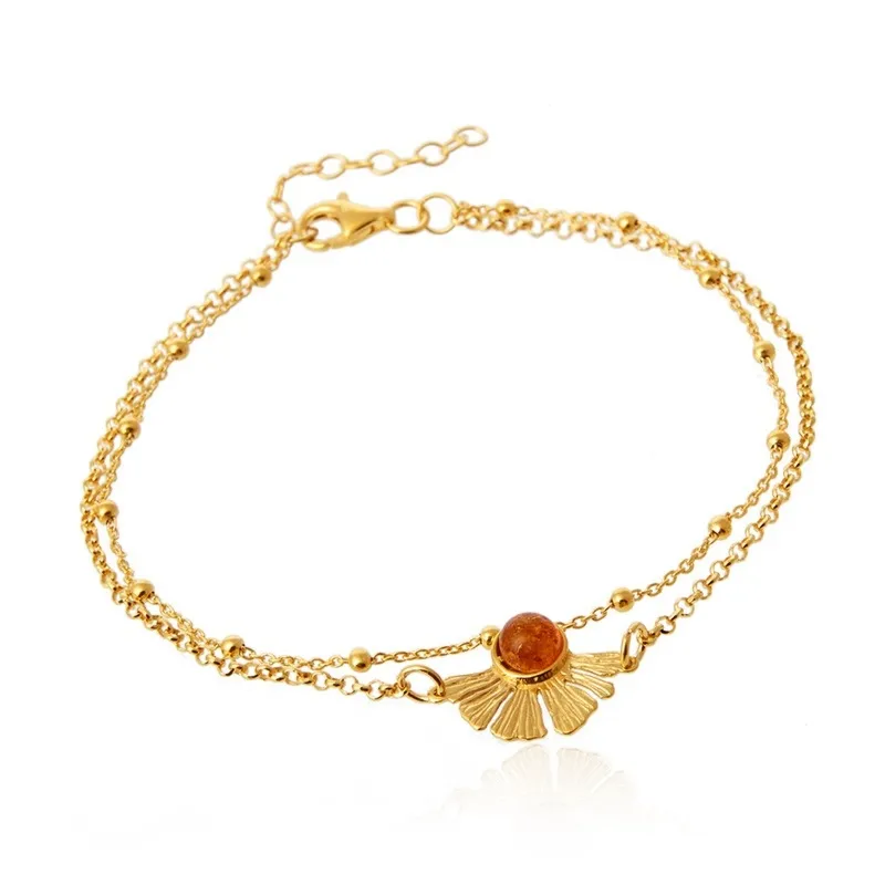 Bransoletla srebrna pozłacana miłorząb z koniakowym bursztynem