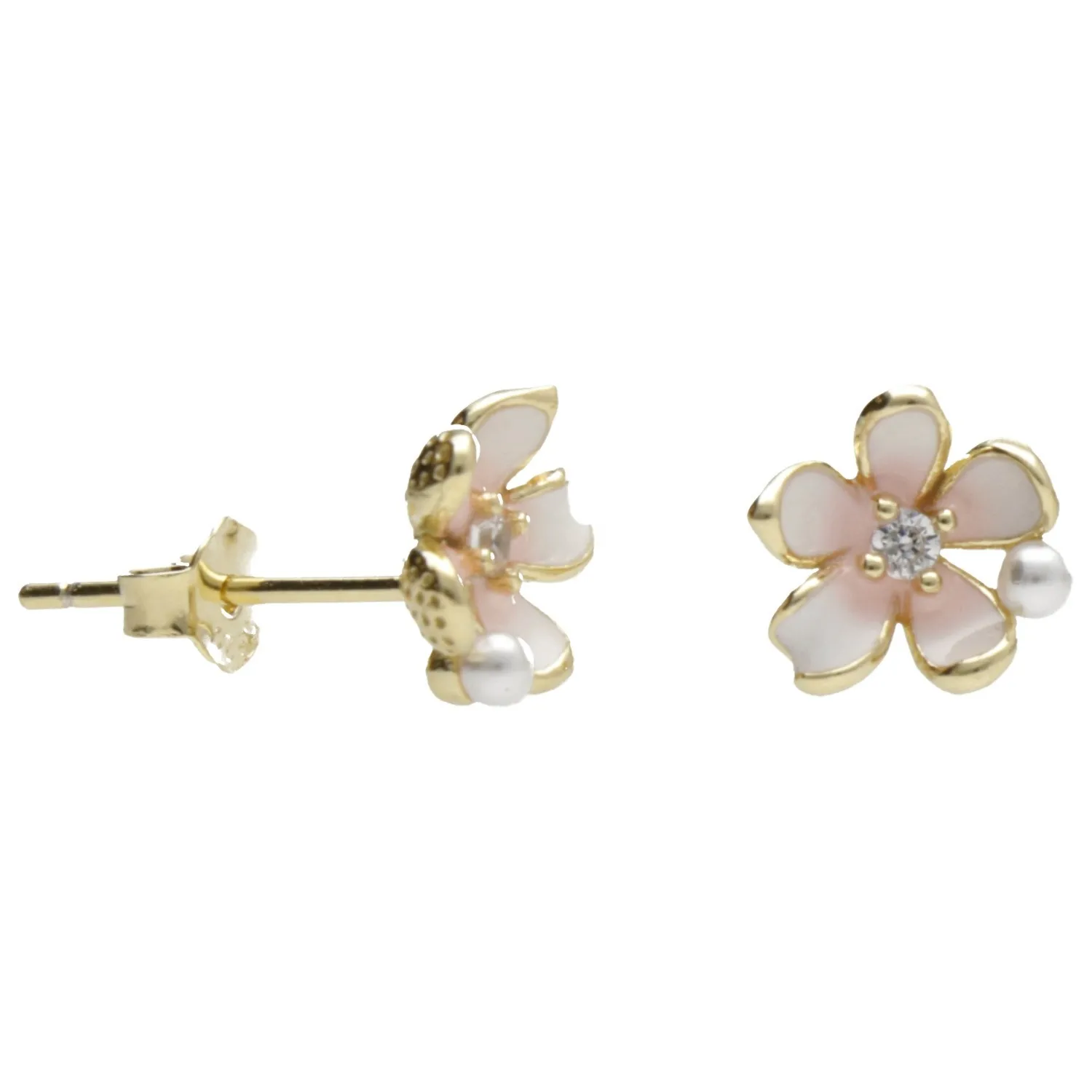 Kolczyki srebrne pozłacane kwiatki z różową masą perłową, perłką i cyrkonią - bizuteria włoska