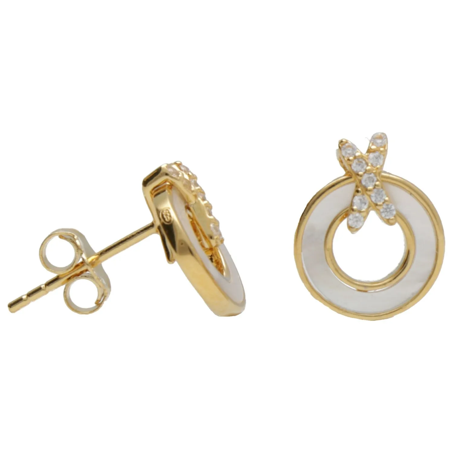 Kolczyki srebrne pozłacane kółka z masą perłową i cyrkoniami - biżuteria włoska