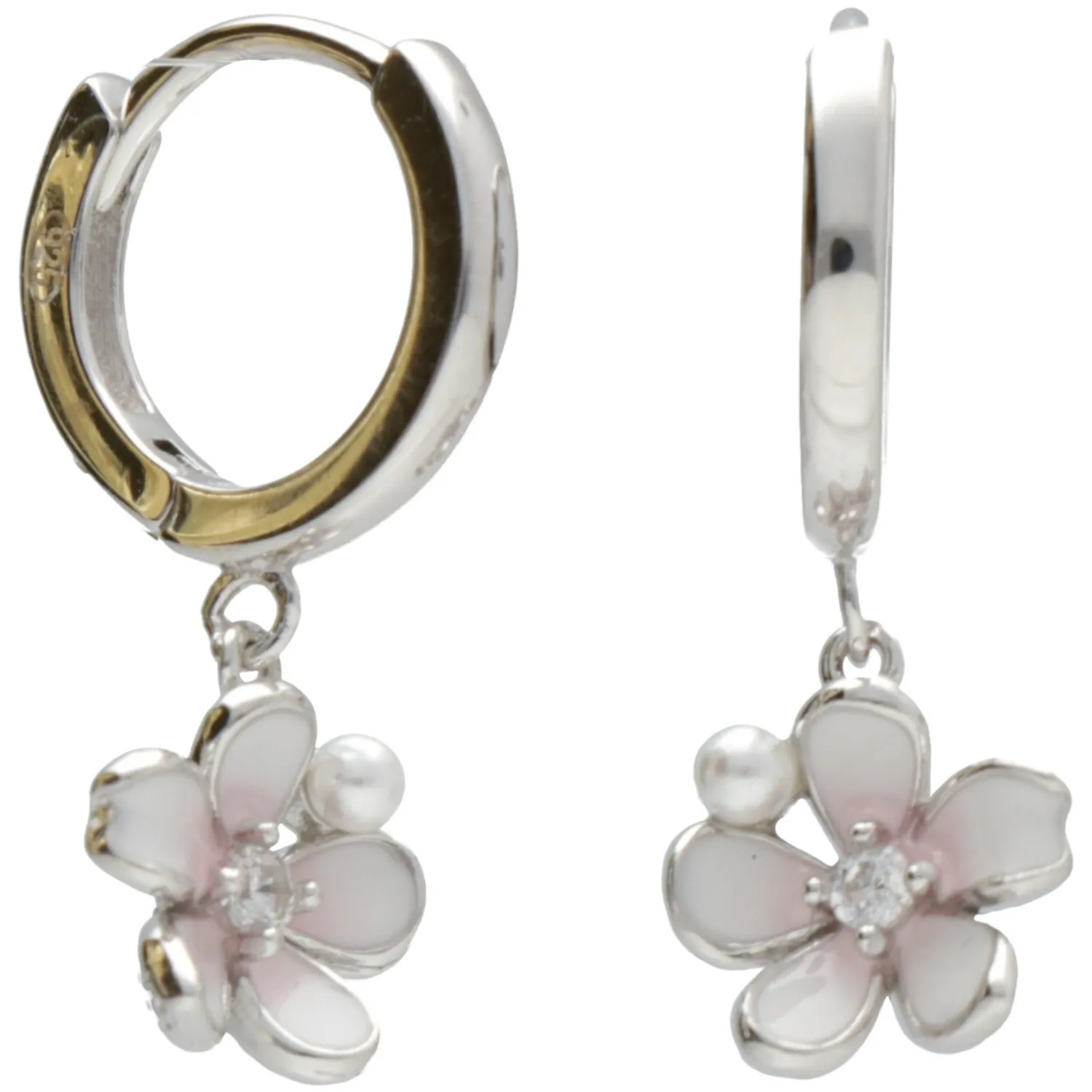 Kolczyki srebrne kwiatki z różową masą perłową, perłką i cyrkonią wiszące- bizuteria włoska