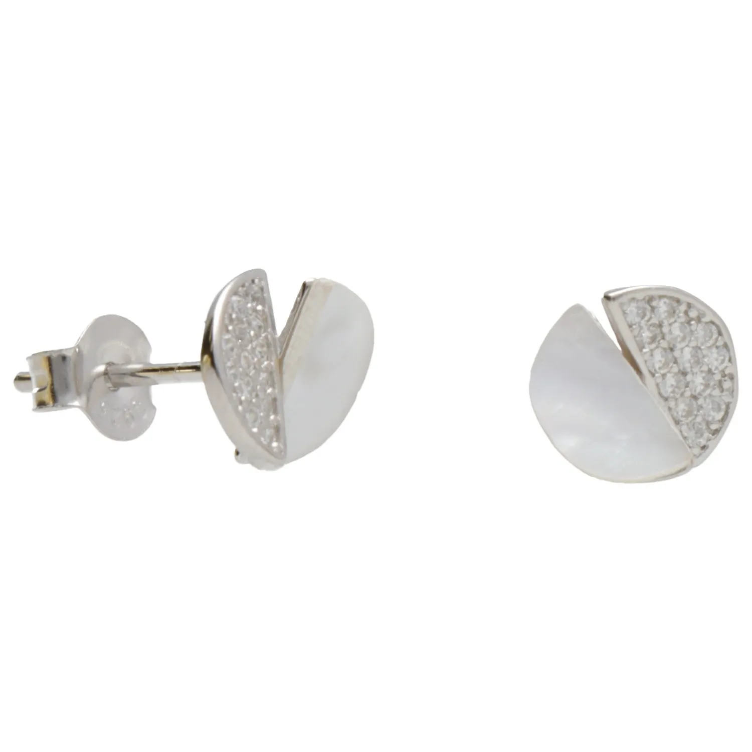 Kolczyki srebrne kółeczka z białymi cyrkoniami  i masą perłową- biżuteria włoska