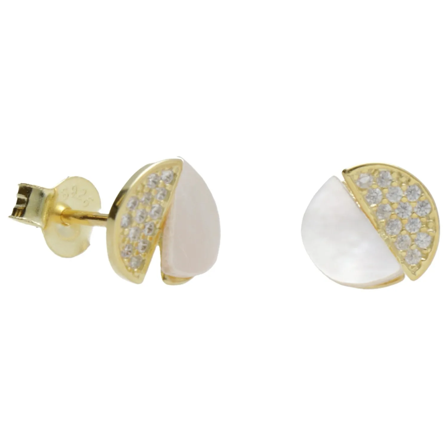 Kolczyki srebrne kółeczka pozłacane  z białymi cyrkoniami i masą perłową- biżuteria włoska