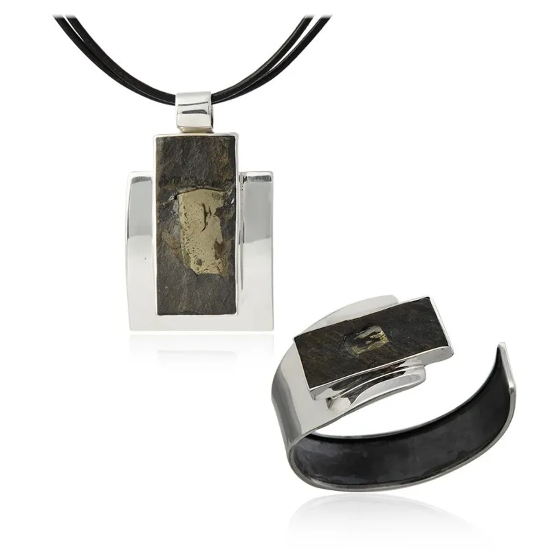 Piękna biżuteria srebrna komplet zawieszka z bransoletką łupek z pirytem z austria