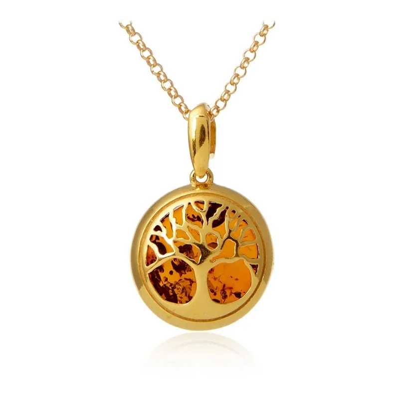 Zawieszka srebrna pozłacanadrzewko szczęścia  z koniakowym bursztynem