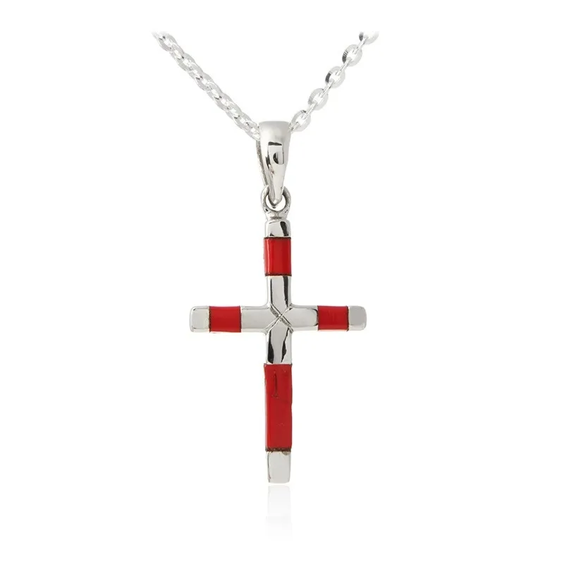Srebrny krzyżyk z czerwonym koralem