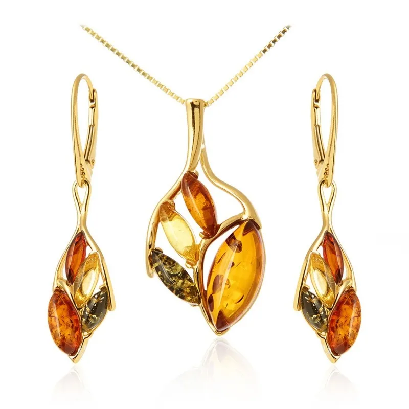 Piękny komplet srebrny pozłacany z kolorowym bursztynem