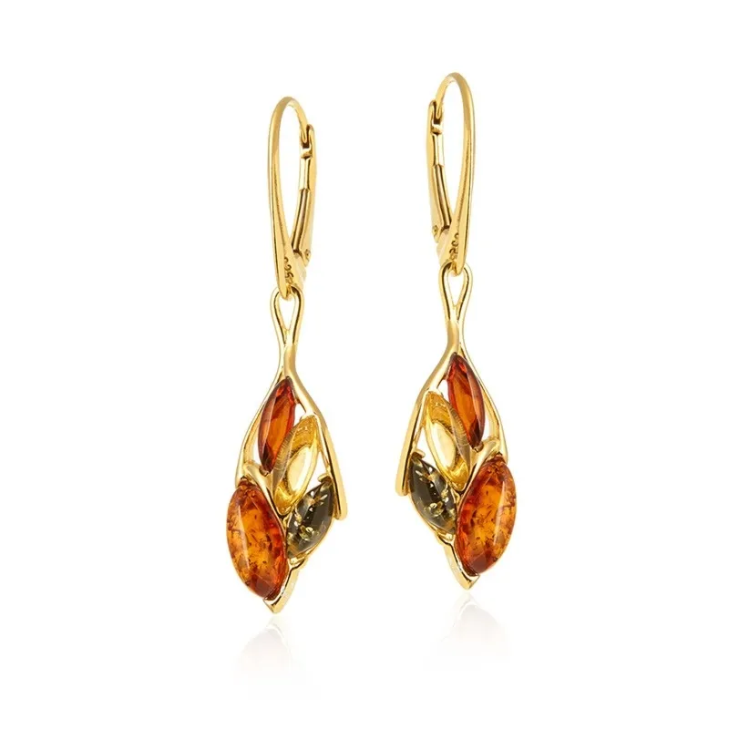 Kolczyki srebrne pozłacane z kolorowym bursztynem „kolorowy splot bursztynowych liści"