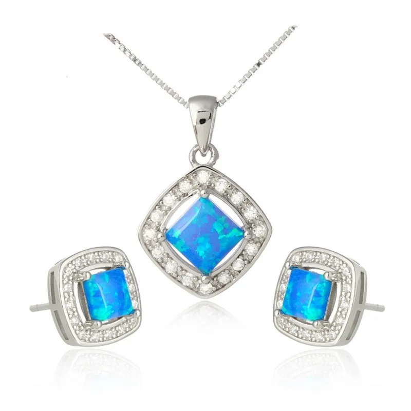 Komplet biżuterii z cyrkoniamii i  niebieskim opalem