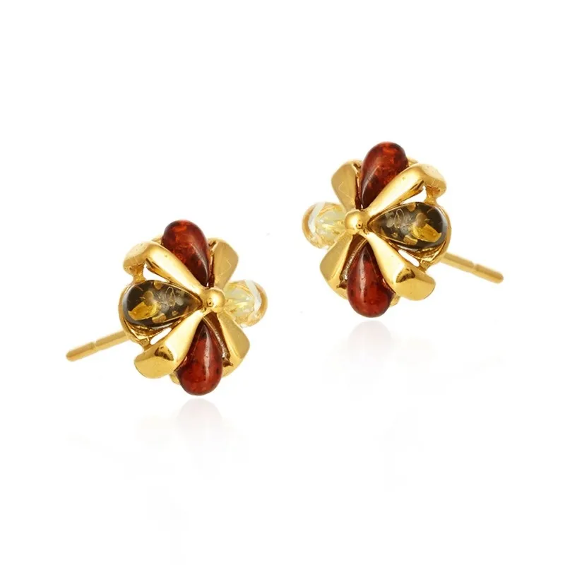 Kolczyki srebrne pozłacane kwiatki z kolorowym bursztynem