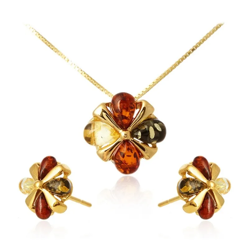 Komplet biżuterii srebrnej pozłacany kwiatki z kolorowym bursztynem