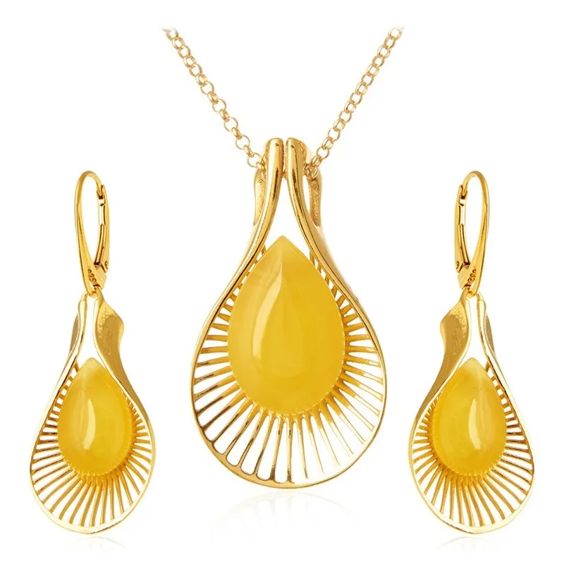Komplet biżuteri srebrnej pozłacany bursztyn cytrynowy