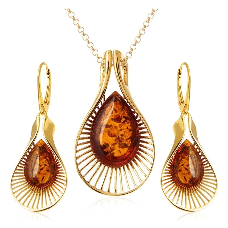 Komplet biżuteri srebrnej pozłacany bursztyn koniak