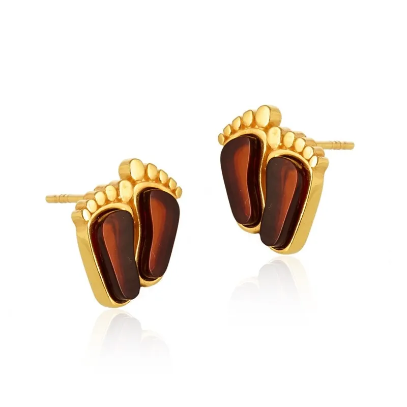 Kolczyki srebrne pozłacane stópki z wiśniowym bursztynem