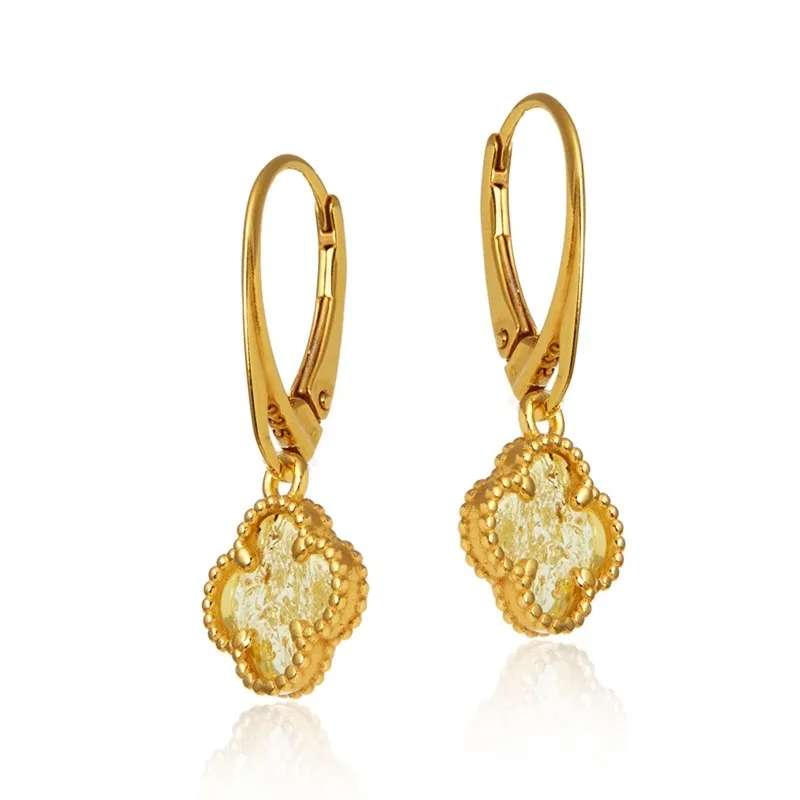 Kolczyki srebrne pozłacane koniczynki z cytrynowym bursztynem