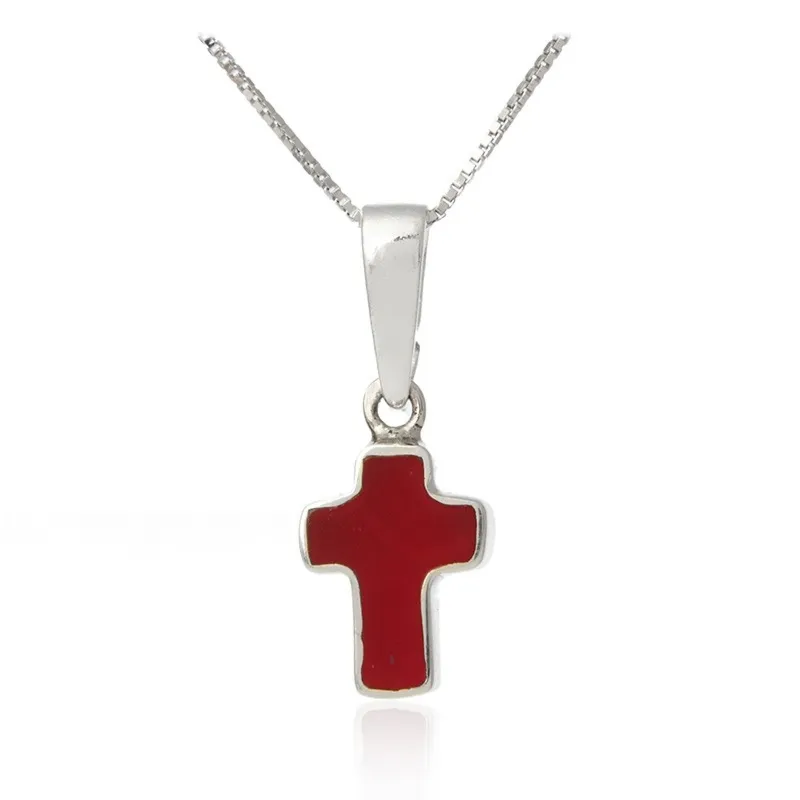 Zawieszka srebrna krzyżyk z czerwonym koralem