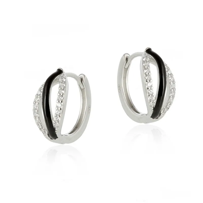 Kolczyki srebrne z białymi cyrkoniami i czarną emalią