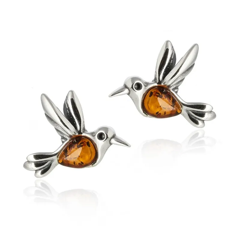 Kolczyki srebrne z bursztynem koliberki - na sztyftach