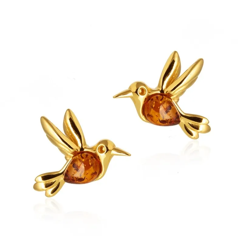 Kolczyki srebrne pozłacane  z bursztynem koliberki - na sztyftach