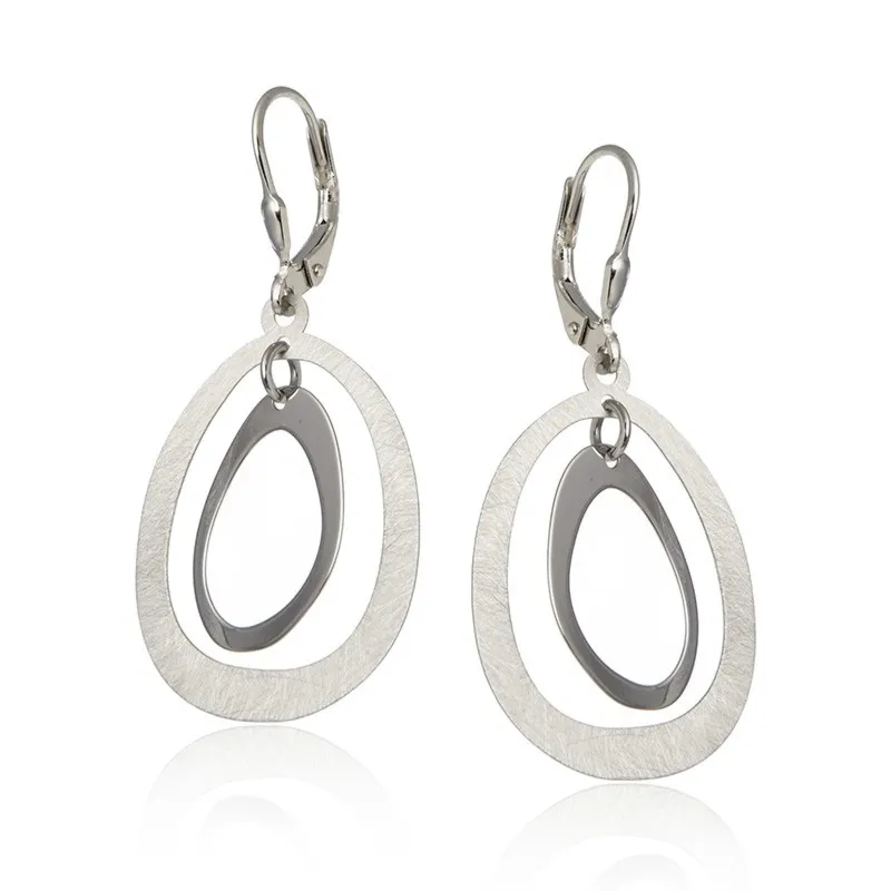 Kolczyki srebrne satynowane kółka -podwójna elipsa – lekkie geometryczne