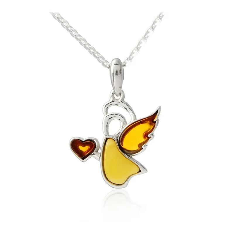 Srebrna zawieszka z bursztynem aniołek z serduszkiem