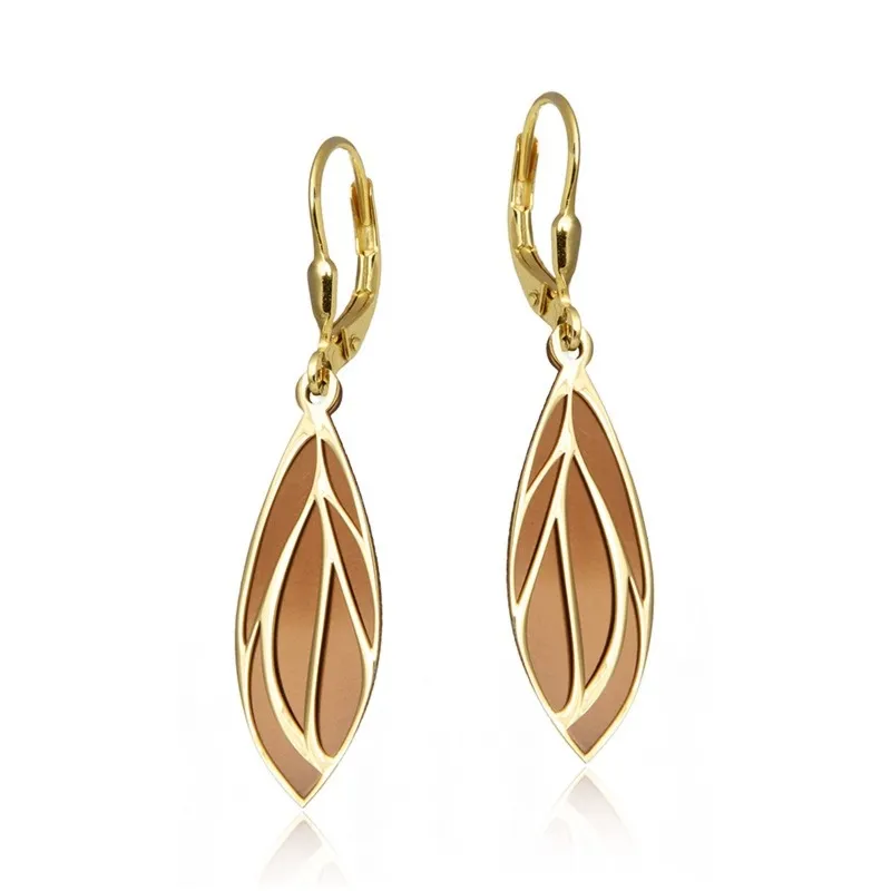 Śliczne listki kolczyki srebrne pozłącane z brązowym tytanem