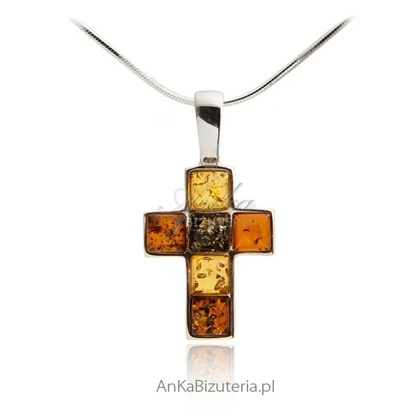 Krzyżyk z bursztynem biżuteria srebrna
