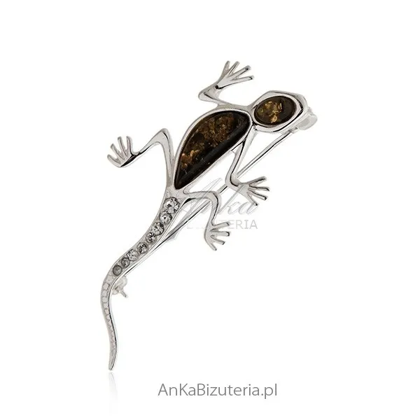 Broszka srebrna z bursztynem jaszczurka