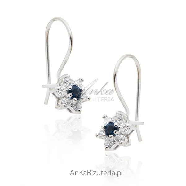 Kolczyki srebrne dziecięce  szafirowe  cyrkonie  kwiatki