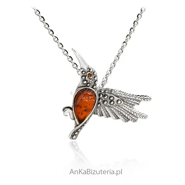 Wisiorek srebrny z bursztynem -  ptak koliber