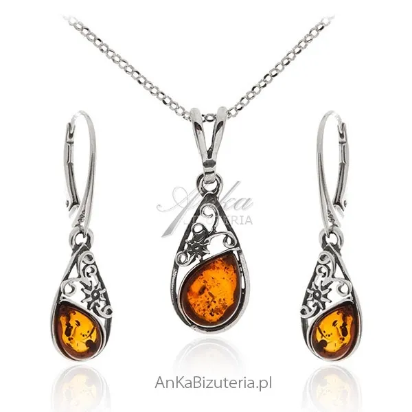 Komplet biżuterii srebrny z bursztynem